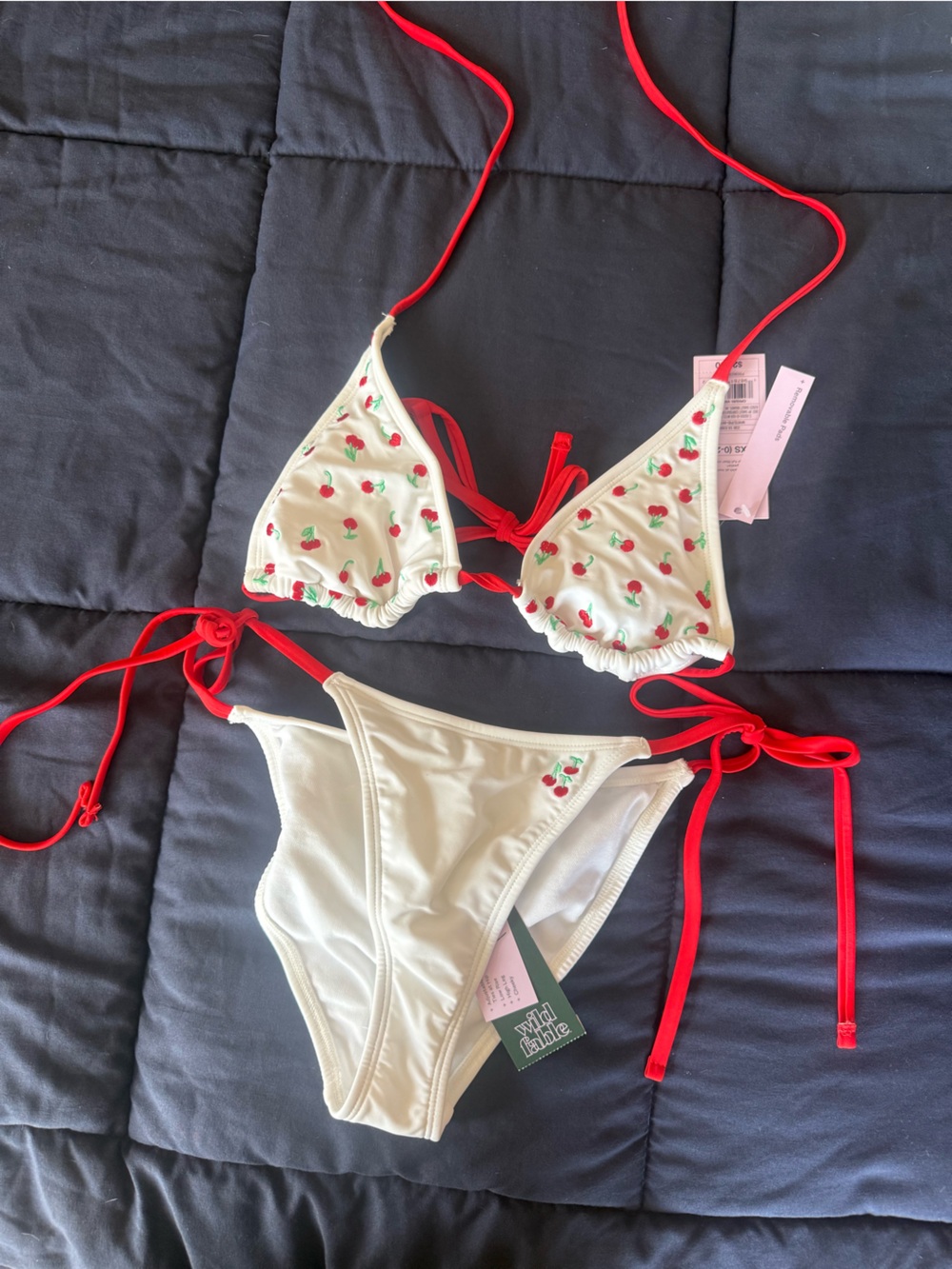 wild fable Cream Triangle Bikini Top with Red Cherry Print